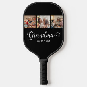 Modern Grandma Established 3 Photo White Script Pickleball Paddle