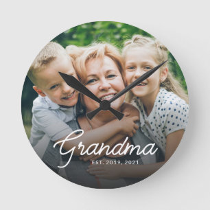 Modern Grandma Established Script Photo Round Clock