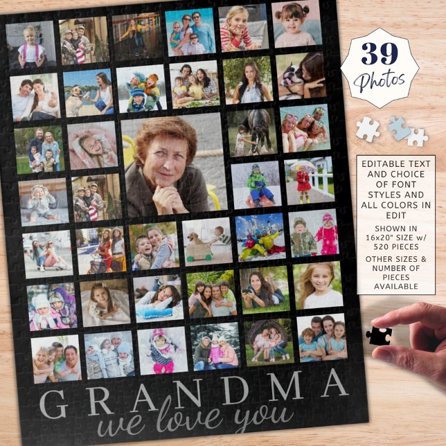 Modern GRANDMA Photo Collage Script Message Black Jigsaw Puzzle (Creator Uploaded)