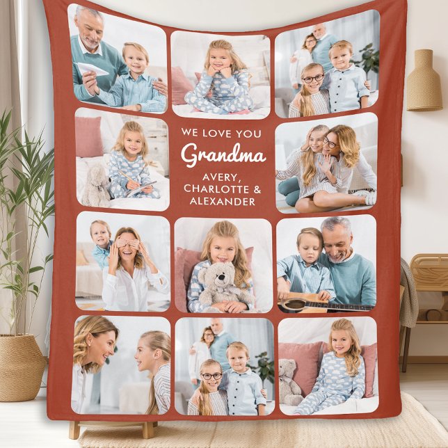Modern Grandma Terracotta Custom 11 Photo Collage Fleece Blanket (Creator Uploaded)