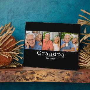 Modern Grandpa Est. Minimalist Typography 3 Photo Plaque
