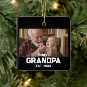Modern Grandpa Est. Name Year Photo Black Ceramic Ornament