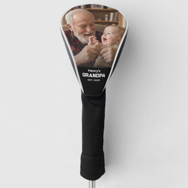 Modern Grandpa Est. Name Year Photo Black Golf Head Cover (Front)