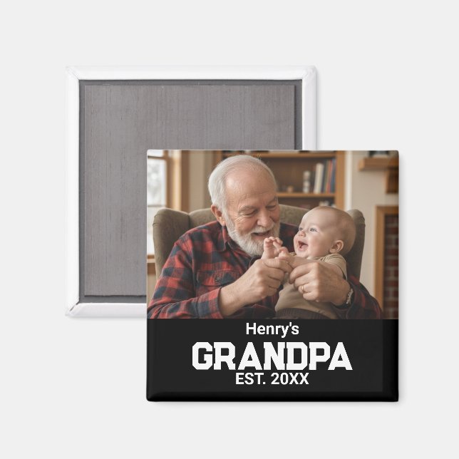 Modern Grandpa Est. Name Year Photo Black Magnet (Front/Back)