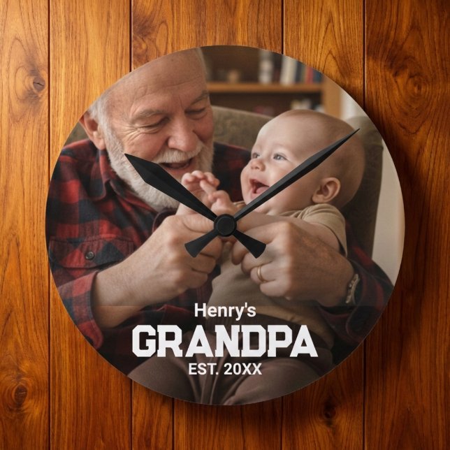 Modern Grandpa Est. Name Year Photo Black Round Clock (Creator Uploaded)