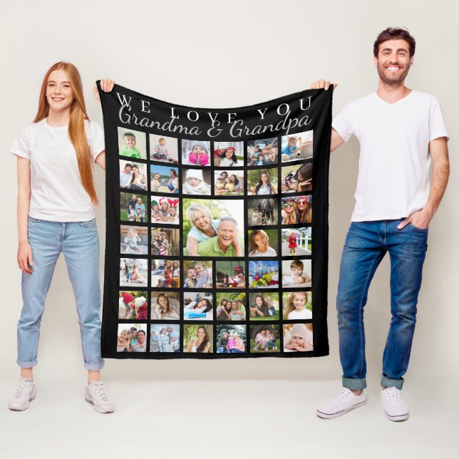 Modern Grandparents Photo Collage Black Fleece Blanket (In Situ)