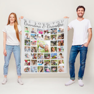 Modern Grandparents Photo Collage Gray Fleece Blanket