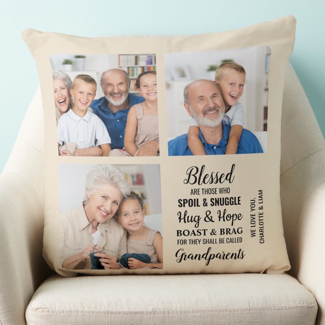 Modern Grandparents Poem Custom 3 Photo Collage Cushion (Creator Uploaded)