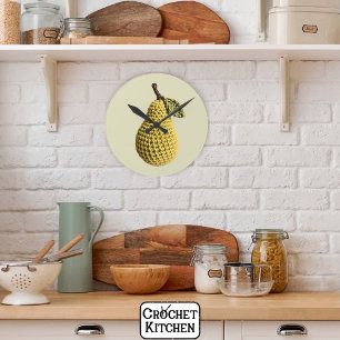 Modern Granny Yellow Green Crochet Pear Fruit Round Clock