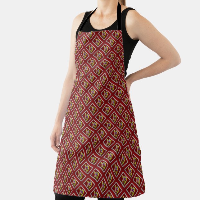 Modern Graphic art design tubes on dark plum Apron (Insitu)