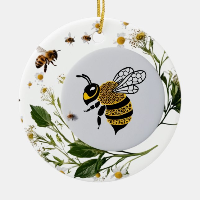 Modern Graphic Bee Botanical Wreath Ceramic Circle Tree Decoration (Front)