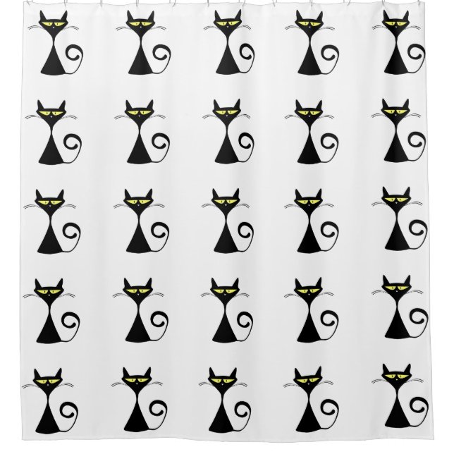 Modern Graphic Black Cat Yellow Eyes Custom Colour Shower Curtain (Front)