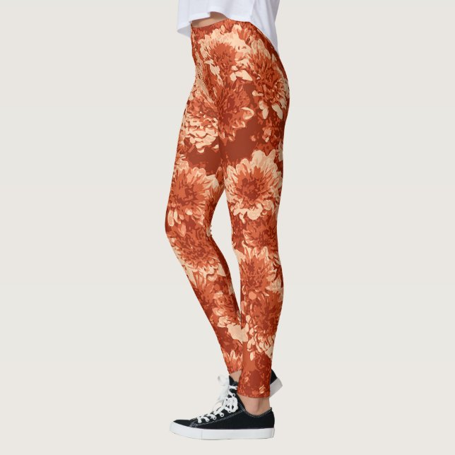 Modern Graphic Dahlia Flowers, Mandarin Orange Leggings (Left)