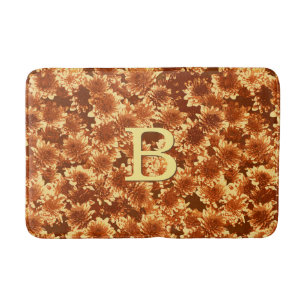 Modern Graphic Dahlia Pattern, Brown and Gold Bath Mat