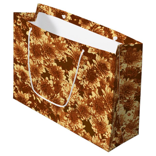 Modern Graphic Dahlia Pattern, Brown and Gold Large Gift Bag (Front Angled)