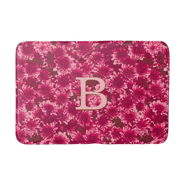 Modern Graphic Dahlia Pattern, Burgundy and Pink Bath Mat (Front)