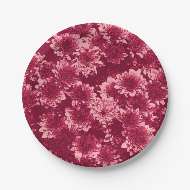 Modern Graphic Dahlia Pattern, Burgundy and Pink Paper Plate (Front)