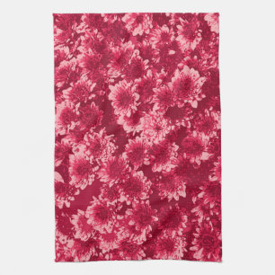 Modern Graphic Dahlia Pattern, Burgundy and Pink Tea Towel