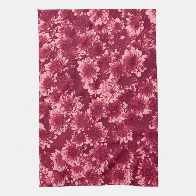 Modern Graphic Dahlia Pattern, Burgundy and Pink Tea Towel (Vertical)