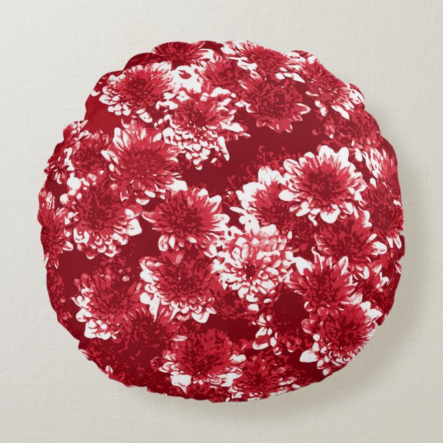Modern Graphic Dahlia Pattern, Dark Red and White Round Cushion (Front)