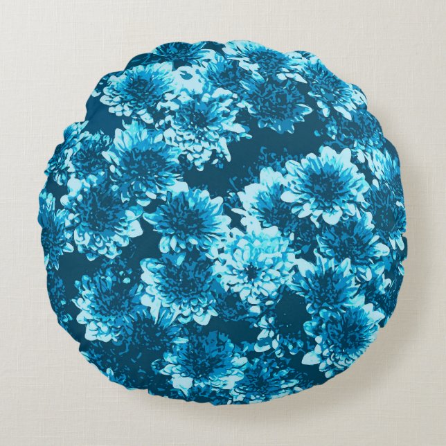 Modern Graphic Dahlia Pattern, Indigo Blue Round Cushion (Front)