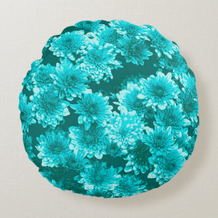 Modern Graphic Dahlia Pattern, Teal and Aqua Round Cushion