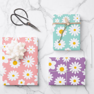 Modern Graphic Daisy Pink Blue & Purple Pastel Wrapping Paper Sheet