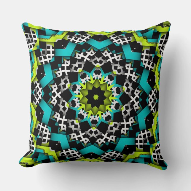Modern Graphic Green Blue Black White Patterns Cushion (Front)