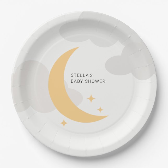 Modern Graphic Moon Stars Clouds Baby Shower Paper Plate (Front)