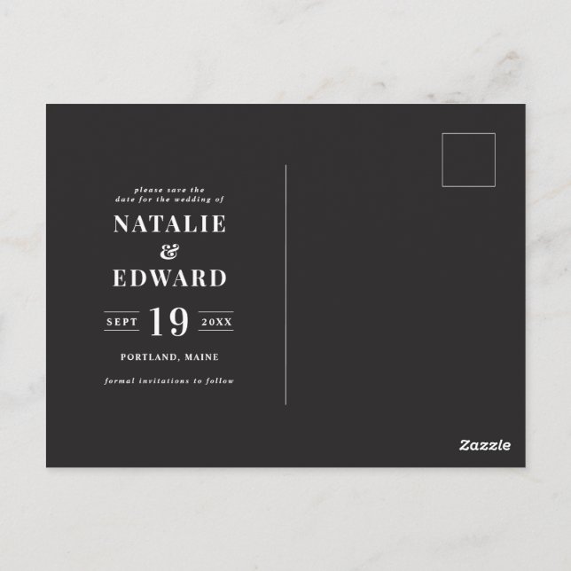 Modern, graphic, typographic photo save the date postcard (Back)