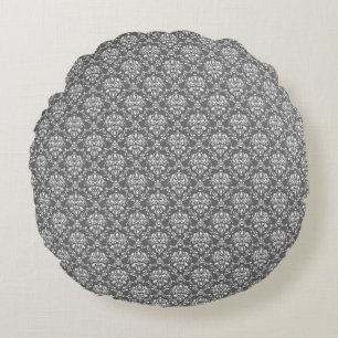 Modern Graphite Damask Pattern Round Pillow
