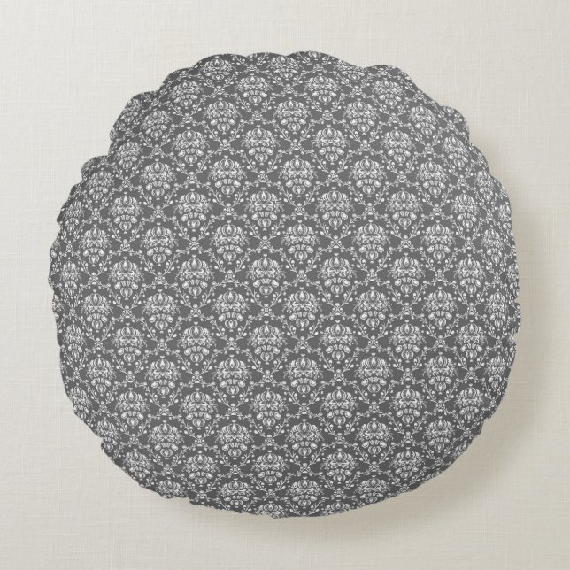 Modern Graphite Damask Pattern Round Pillow (Front)