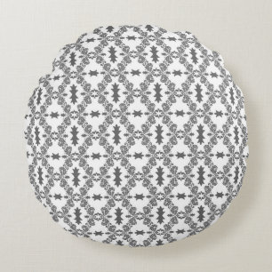 Modern Graphite Damask Pattern Round Pillow