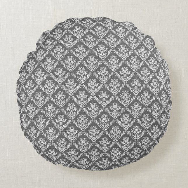 Modern Graphite Damask Pattern Round Pillow (Front)