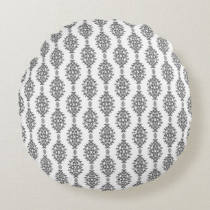 Modern Graphite Damask Pattern Round Pillow