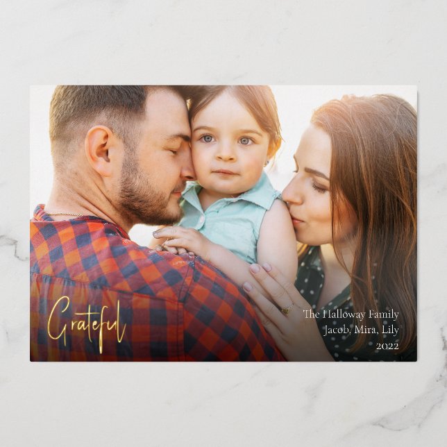 Modern Grateful Christmas Script Full Photo Gold Foil Holiday Card (Front)