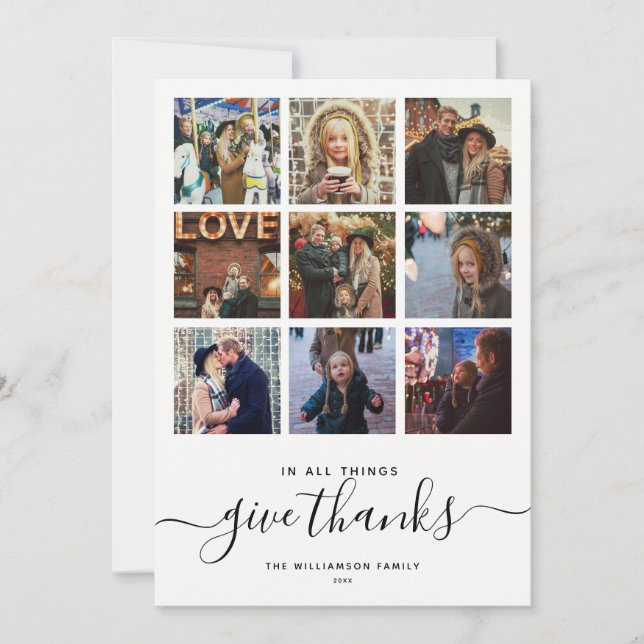 Modern Gratitude Script | 9 Simple Photo Collage Holiday Card (Front)
