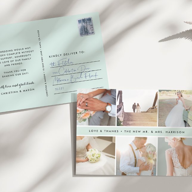 Modern Gratitude | Wedding Photo Collage Thank You Postcard (Creator Uploaded)