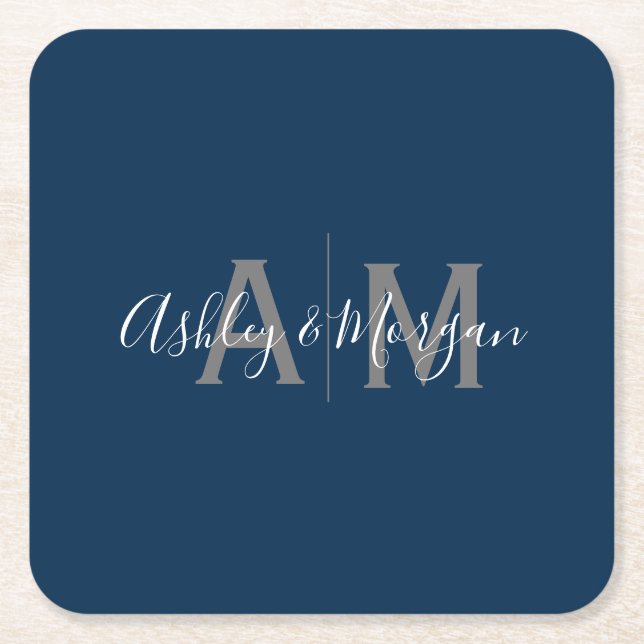 Modern Gray and Blue Couple's Monogram Square Paper Coaster (Front)