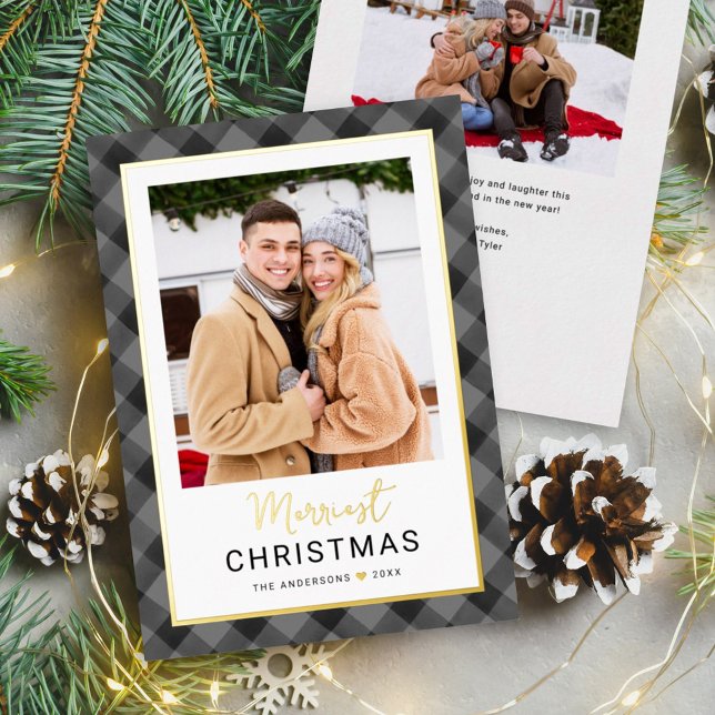 Modern Gray Black Buffalo Plaid Christmas Photo Foil Holiday Card (Creator Uploaded)