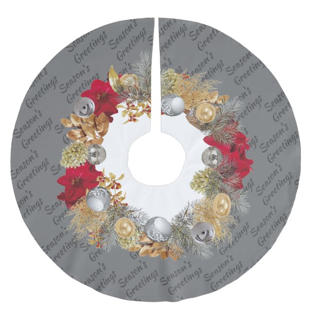 Modern GRAY Christmas Wreath Brushed Polyester Tree Skirt (Front)
