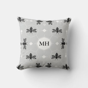 Modern Gray Elegant Black Bee Pattern Monogram Cushion