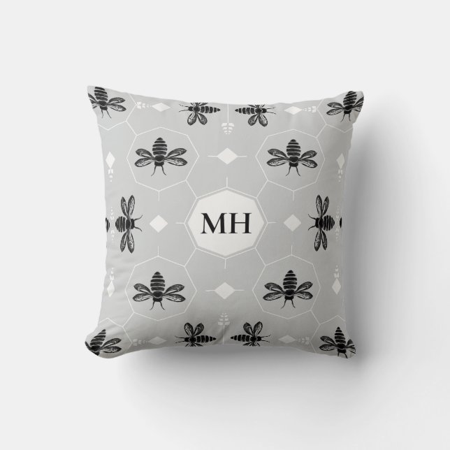Modern Gray Elegant Black Bee Pattern Monogram Cushion (Front)