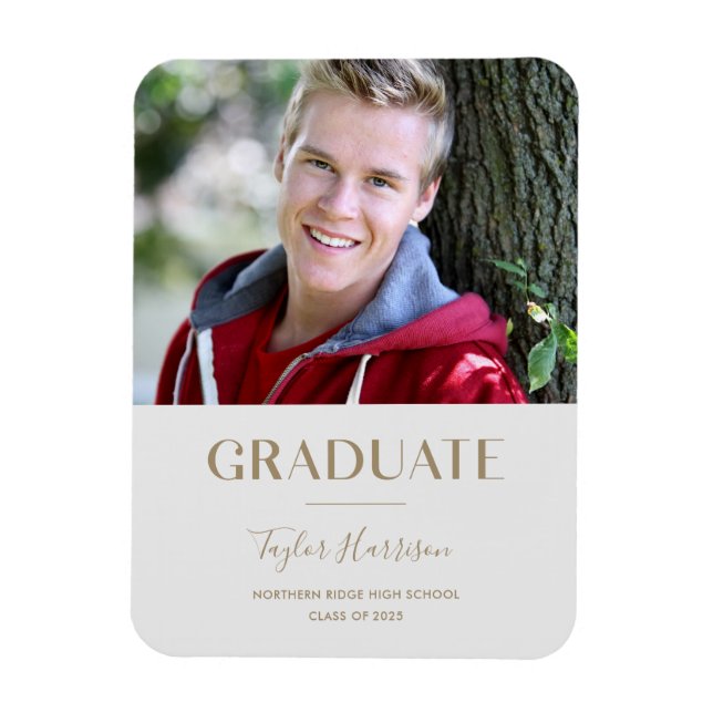 Modern Gray & Gold 1-Photo 2024 Grad Announcement Magnet (Vertical)