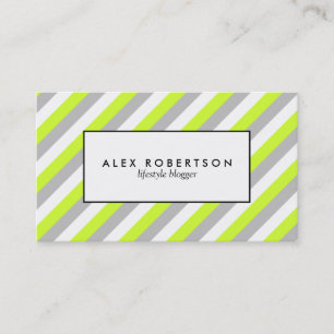 Modern gray, lime green and white stripe business card