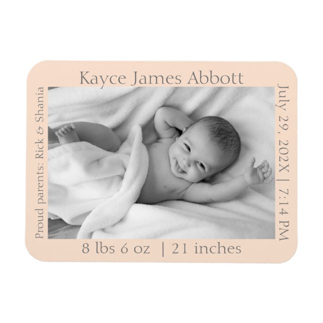 Modern Gray on Pastel Salmon Birth Announcement Magnet (Horizontal)