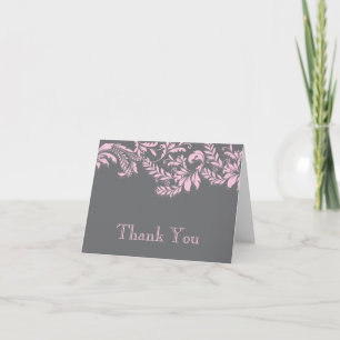 Modern Gray & Pink Leaf Flourish Thank You Note Card