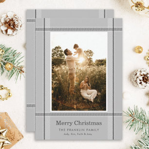 Modern Gray Plaid Photo Christmas Holiday Card