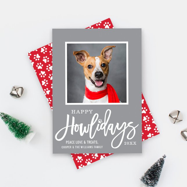 Modern Gray Red Happy Howlidays Puppy Dog Photo Holiday Card (Creator Uploaded)