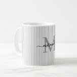 Modern Gray Stripe Monogram Name Coffee Mug<br><div class="desc">Start your morning in style with this personalized gray striped coffee mug, designed to bring timeless charm to every sip. Featuring a soft gray and white striped background, this elegant mug is customized with your monogram initial and full name in a graceful script font—creating a feminine, refined look that feels...</div>